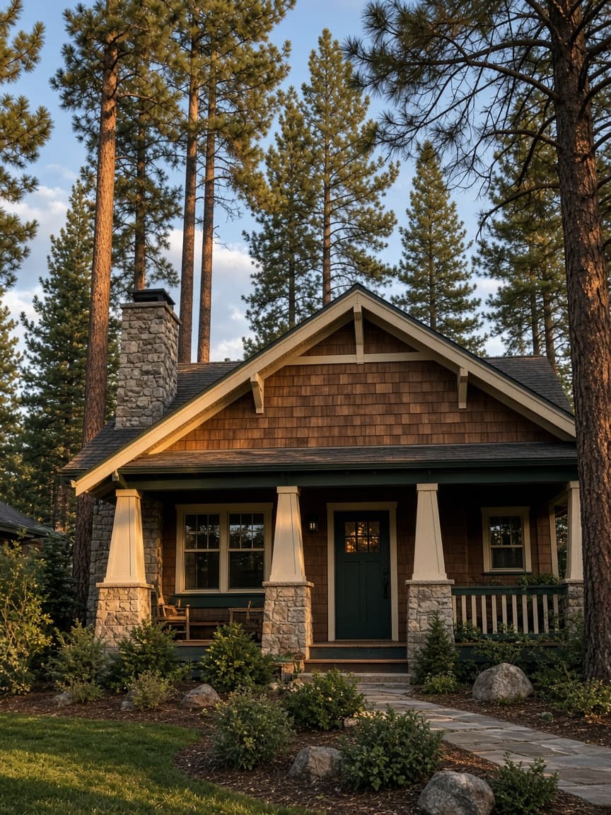 Sample photo of a single-family cottage with wood shingles, a stone chimney, and a front porch